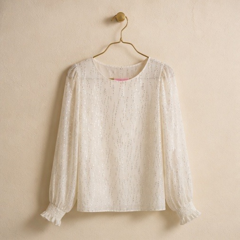 Lilly Pulitzer L Silk Metallic Blouse Ivory Gold Romantic Victorian Smocked NWT